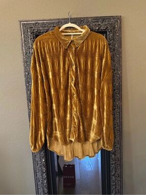 Free People Mustard Crushed Velvet Button-Up Women's Top